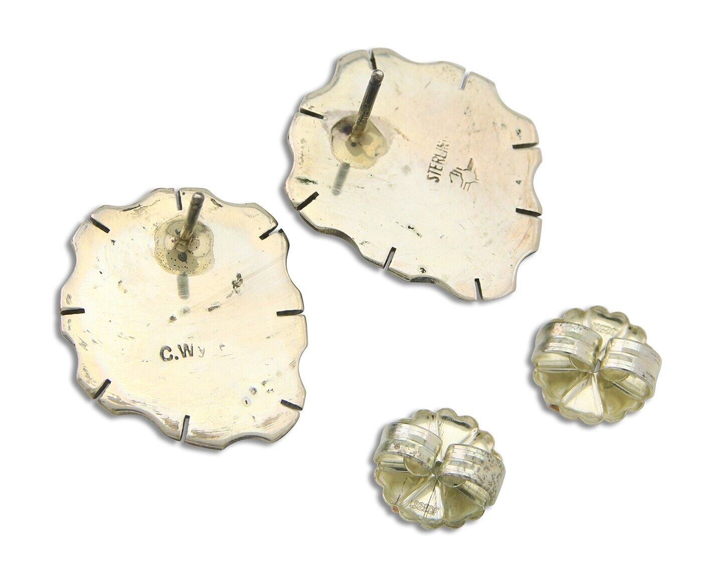 Navajo Earrings 925 Silver Natural Turquoise Artist Signed Sun West C80s