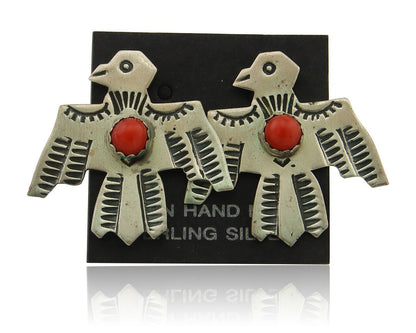 Navajo Thunderbird Earrings 925 Silver Natural Red Coral Native Artist C.80's