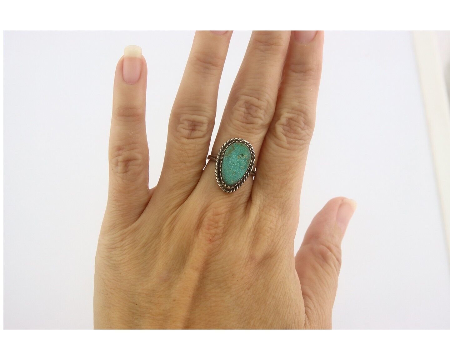 Navajo Ring 925 Sterling Natural Turquoise Native Artist C.80's Size 6.0