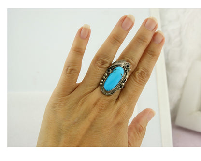 Vintage Navajo Ring 925 Sterling Silver Turquoise Handmade Signed JM Size 7.0