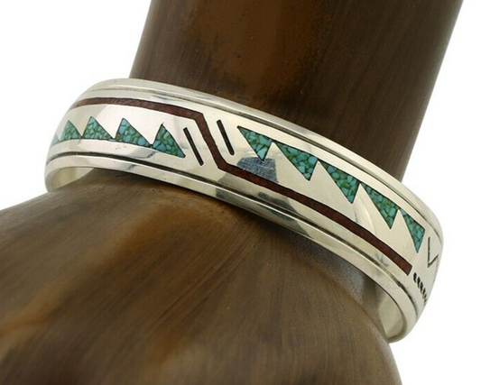 Navajo Inlay Bracelet 925 Silver Turquoise & Coral Signed Stanely Bain C.80's