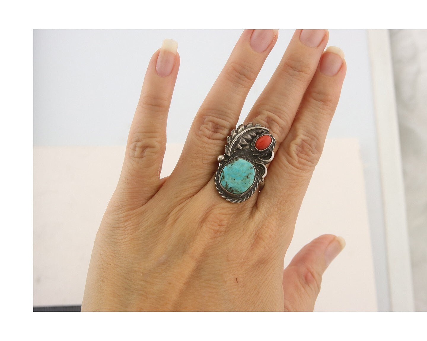 Navajo Ring 925 Sterling Natural Coral & Turquoise Native Artist C.80's Size 7.0