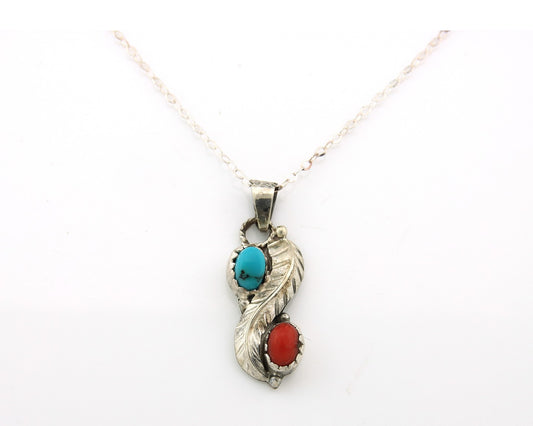 Navajo Necklace Sterling Silver Authentic Turquoise Coral Vintage Native Artist