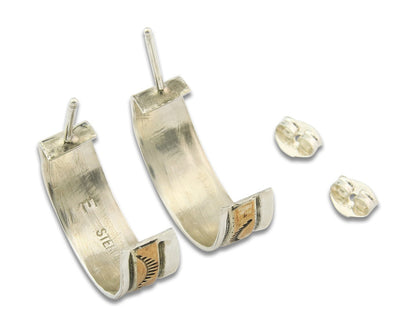 Navajo Hoop Earrings Sterling Silver & Gold Vintage Handmade Signed E