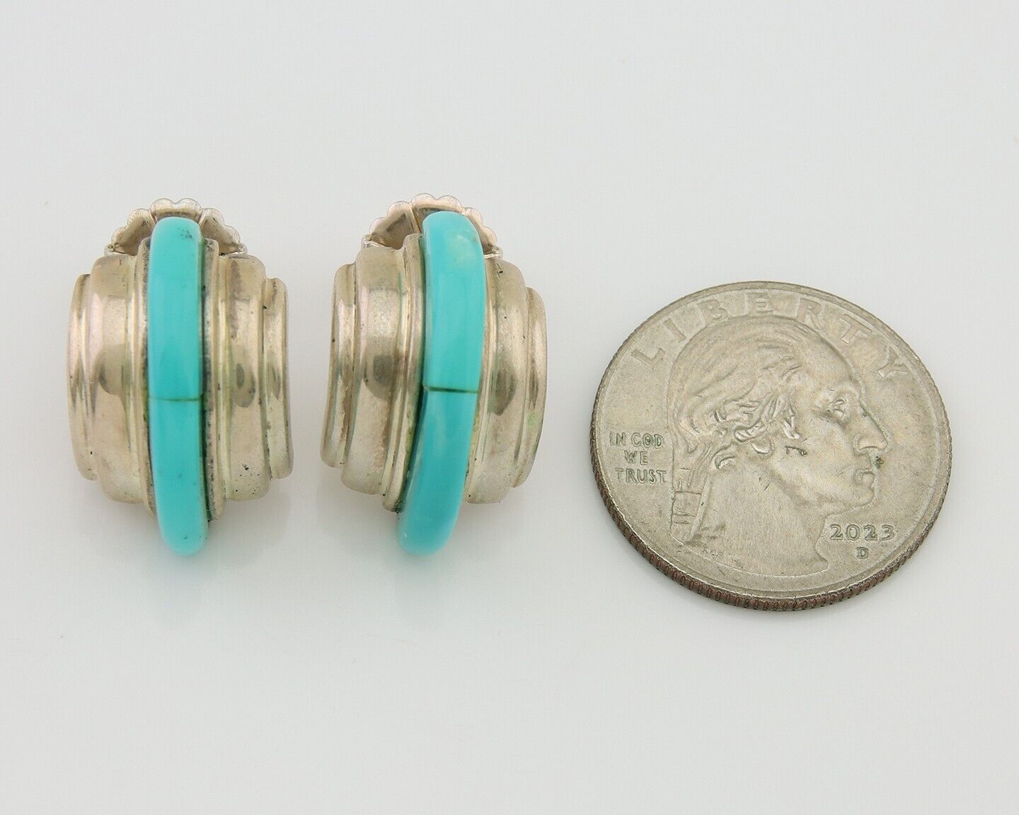 Navajo Half Hoop Earrings 925 Silver Natural Turquoise Artist Signed ShaRay C80s