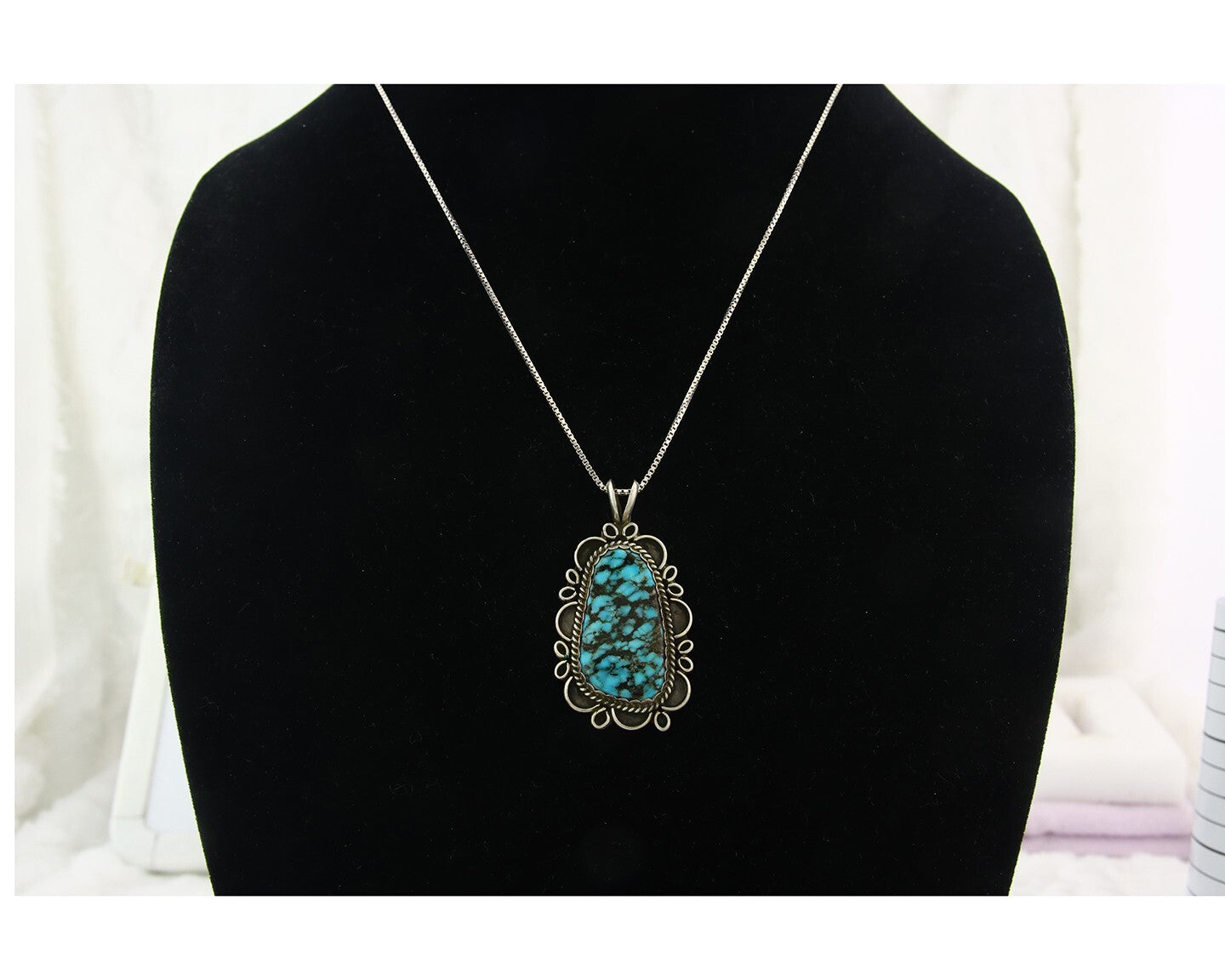 Navajo Sterling Silver Necklace Authentic Spiderweb Turquoise Vintage Handmade