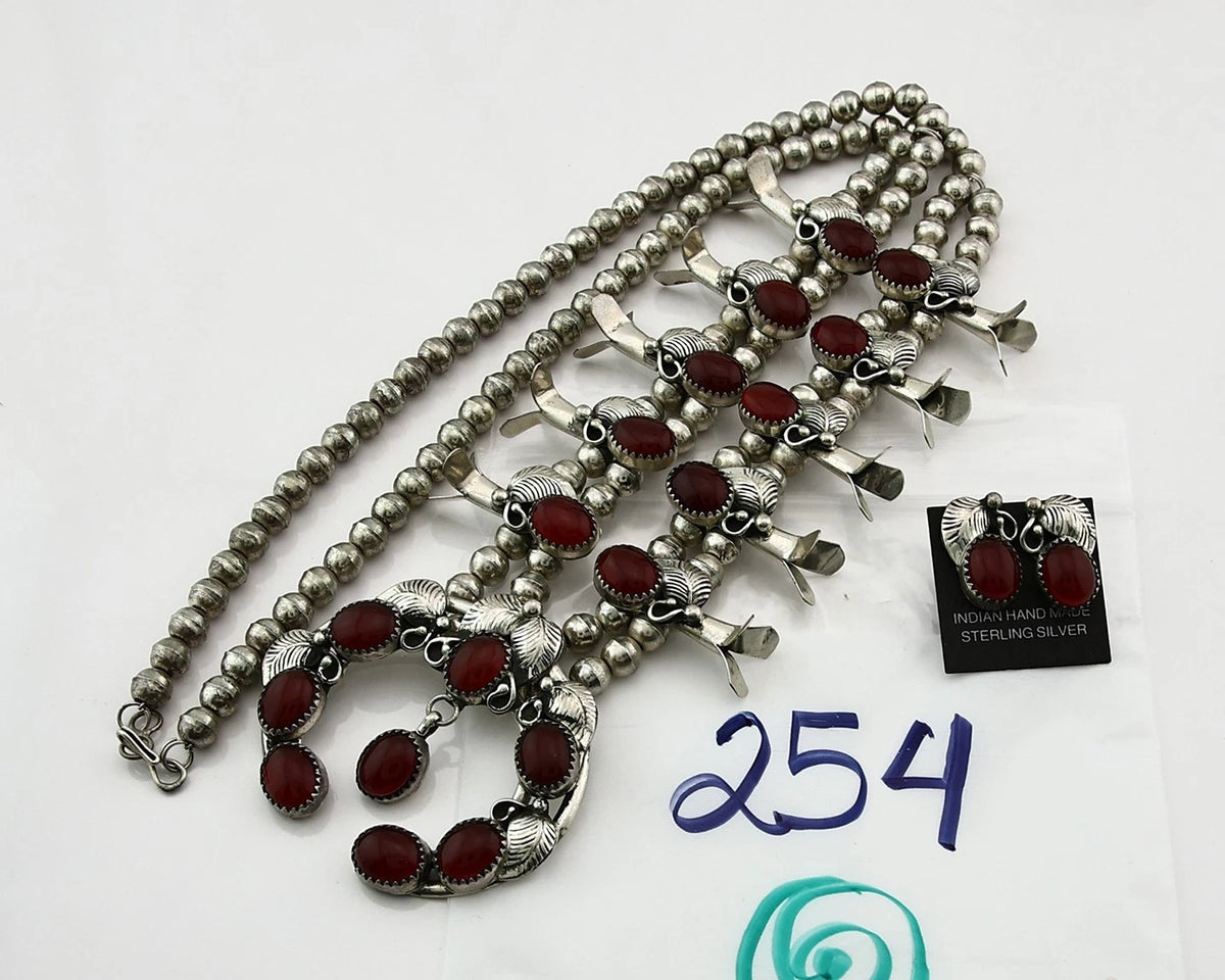 Navajo Squash Necklace Earring Set Sterling Silver Natural Carnelian Vintage C80