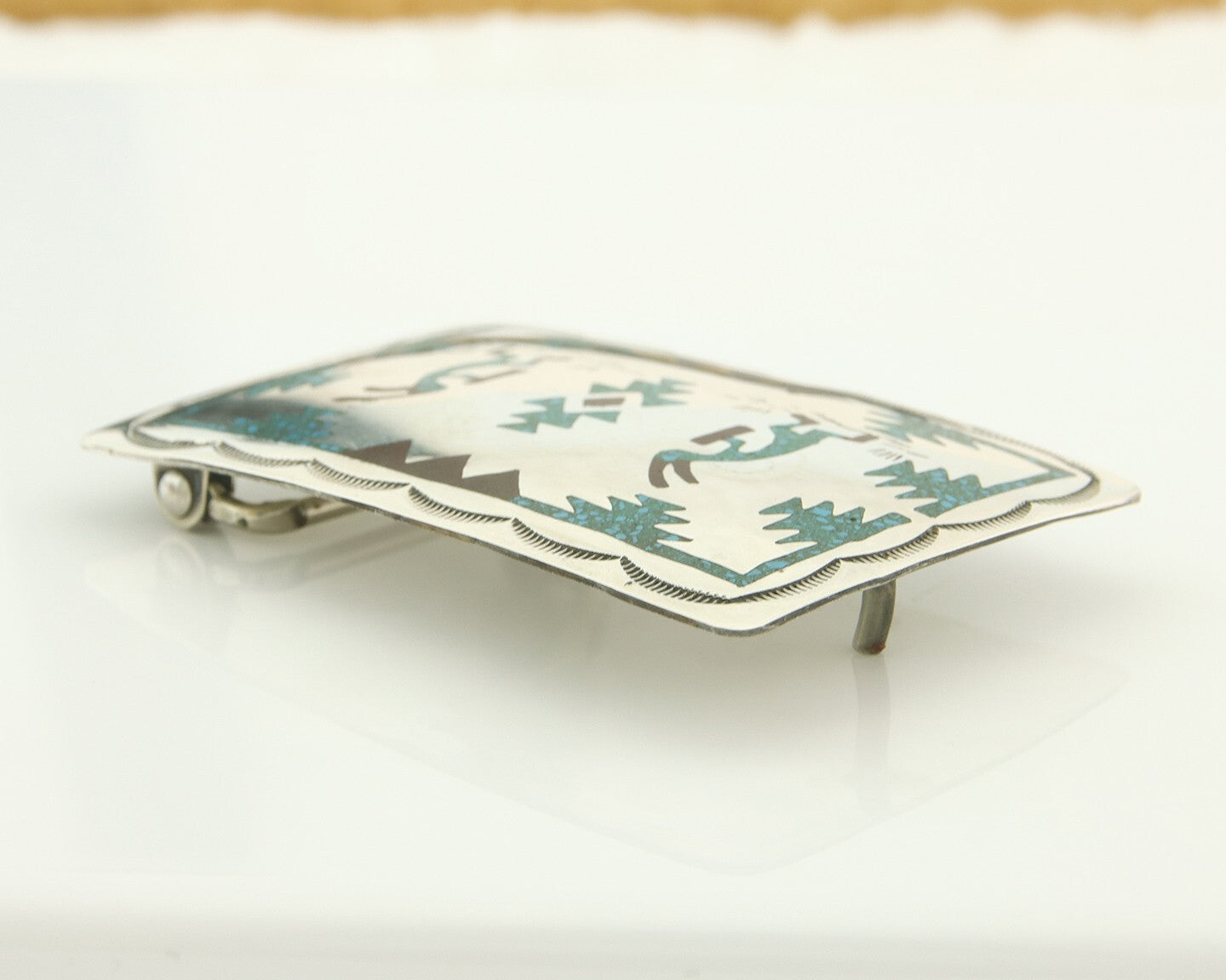 Vintage Navajo Belt Buckle 925 Silver Handmade Inlaid Gemstone Signed HB