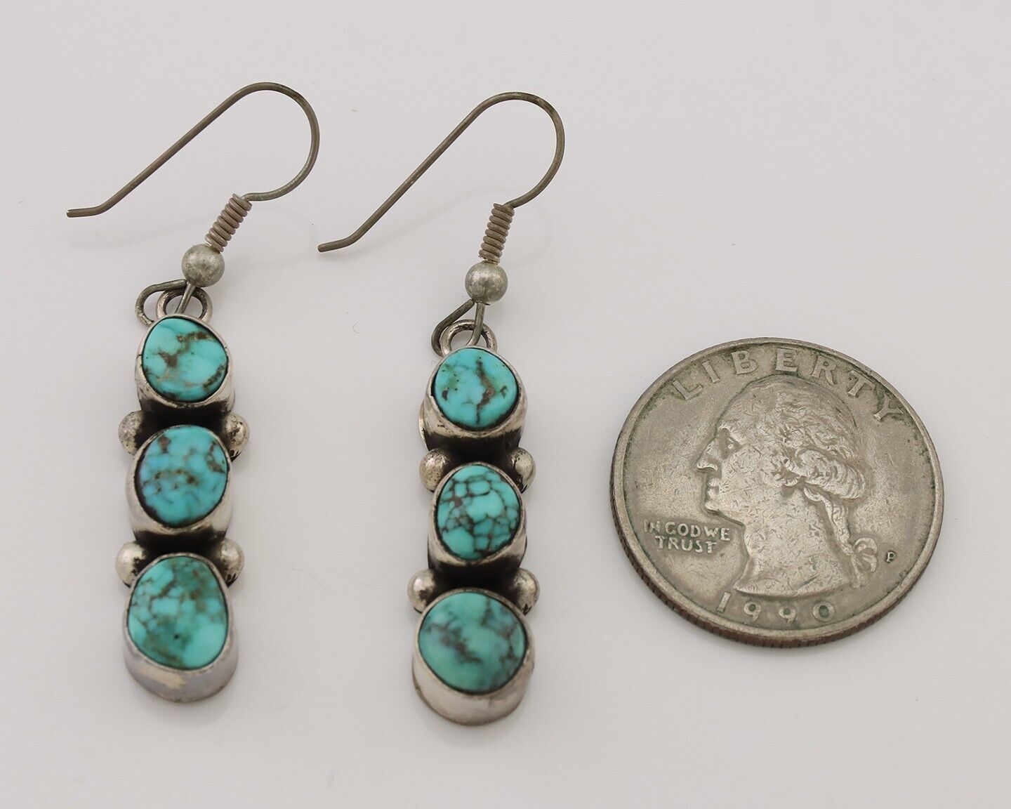 Navajo Handmade Earrings 925 Silver Natural Turquoise Native Artist C.80's