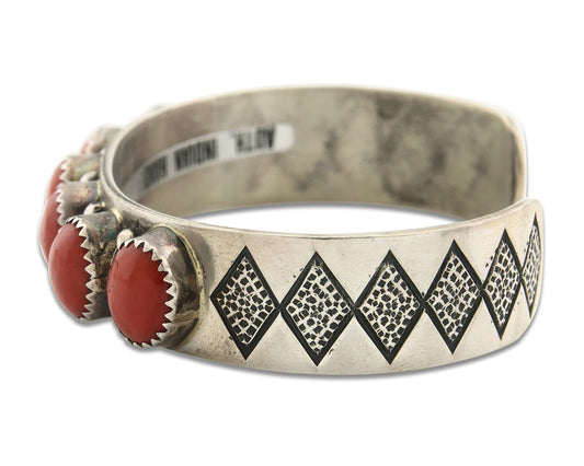 Vintage Navajo Bracelet 925 Silver Red Coral handmade Signed Harold Smith