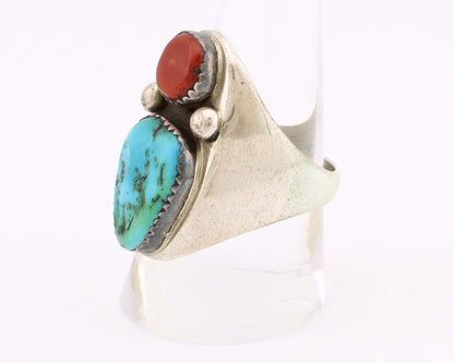 Navajo Ring 925 Silver Sleeping Beauty Turquoise & Coral Native Artist C.80s