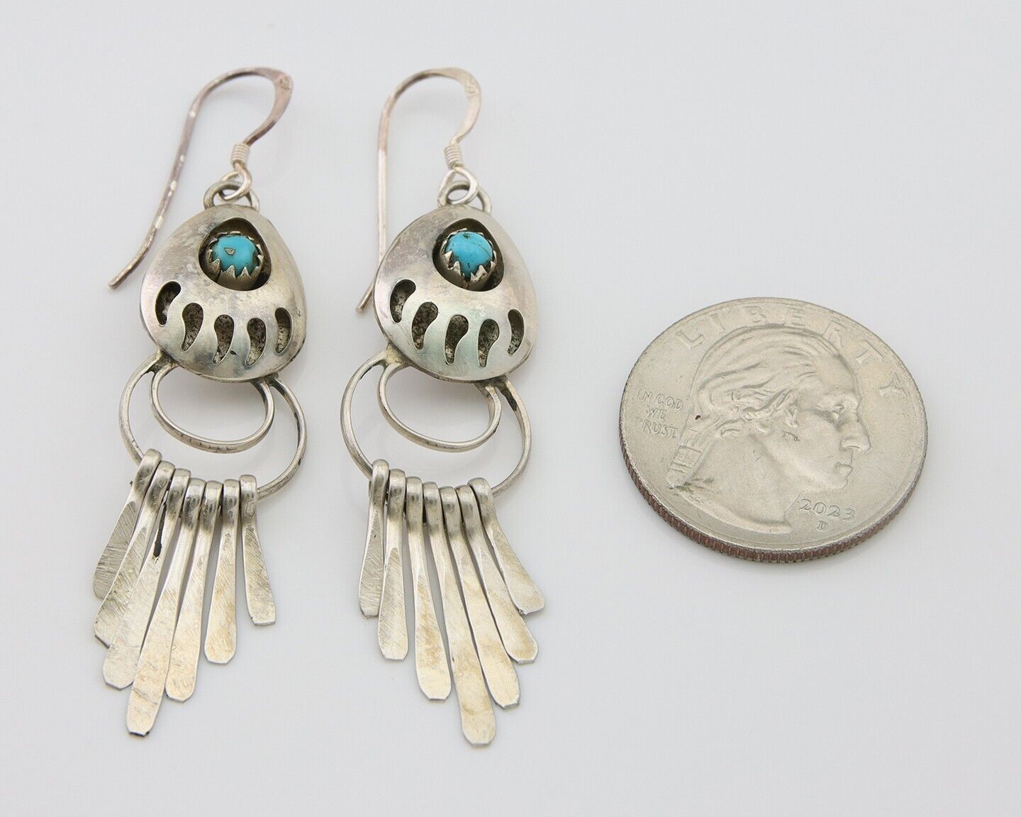 Navajo Dangle Earrings 925 Silver Natural Turquoise Artist Signed ES C.80's