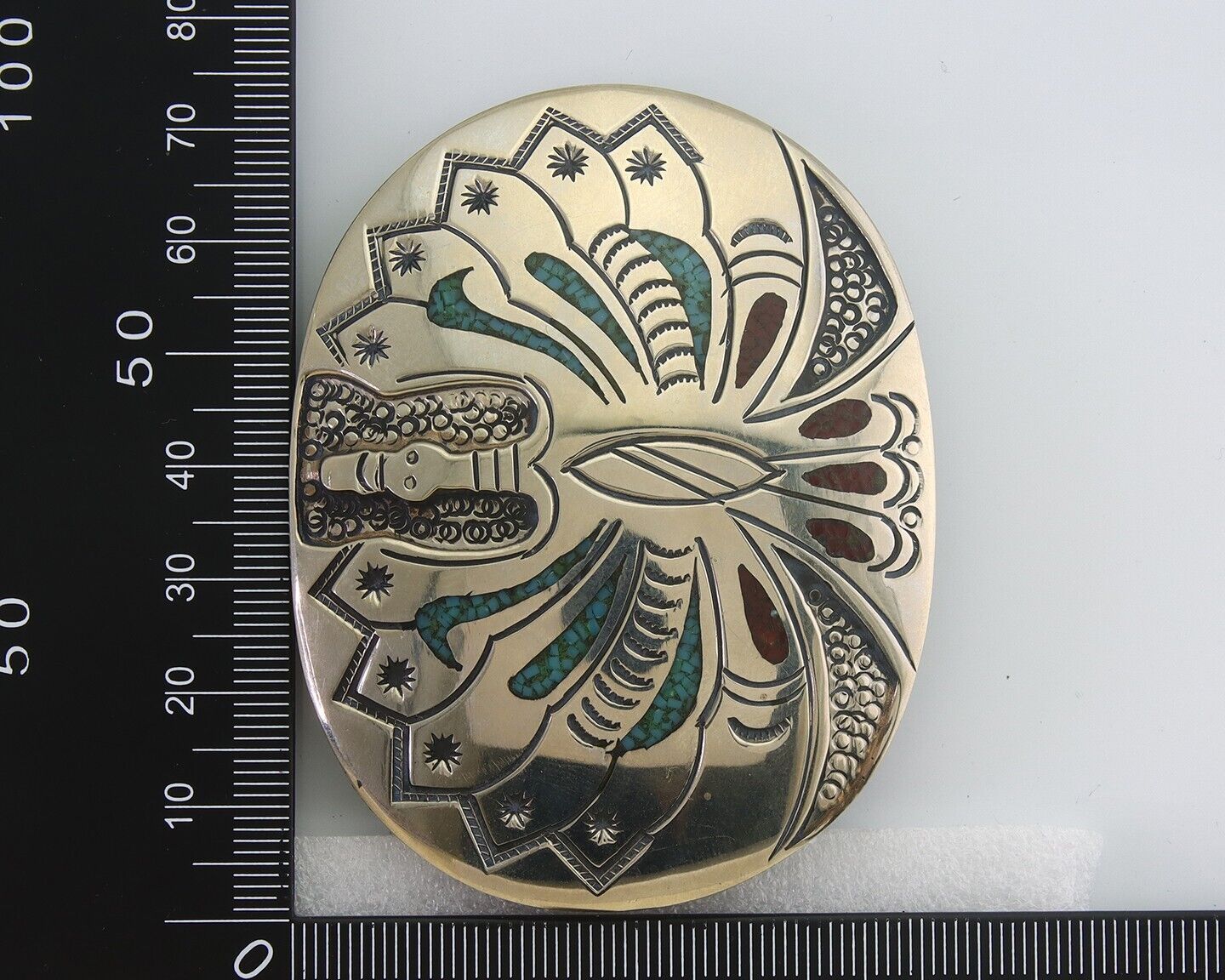 Navajo Belt Buckle .999 Nickel Buffalo Gemstone Signed Chee Keams C.80s