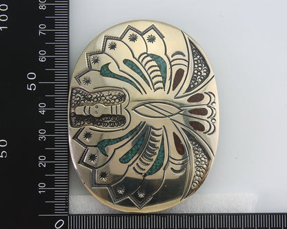 Navajo Belt Buckle .999 Nickel Buffalo Gemstone Signed Chee Keams C.80s