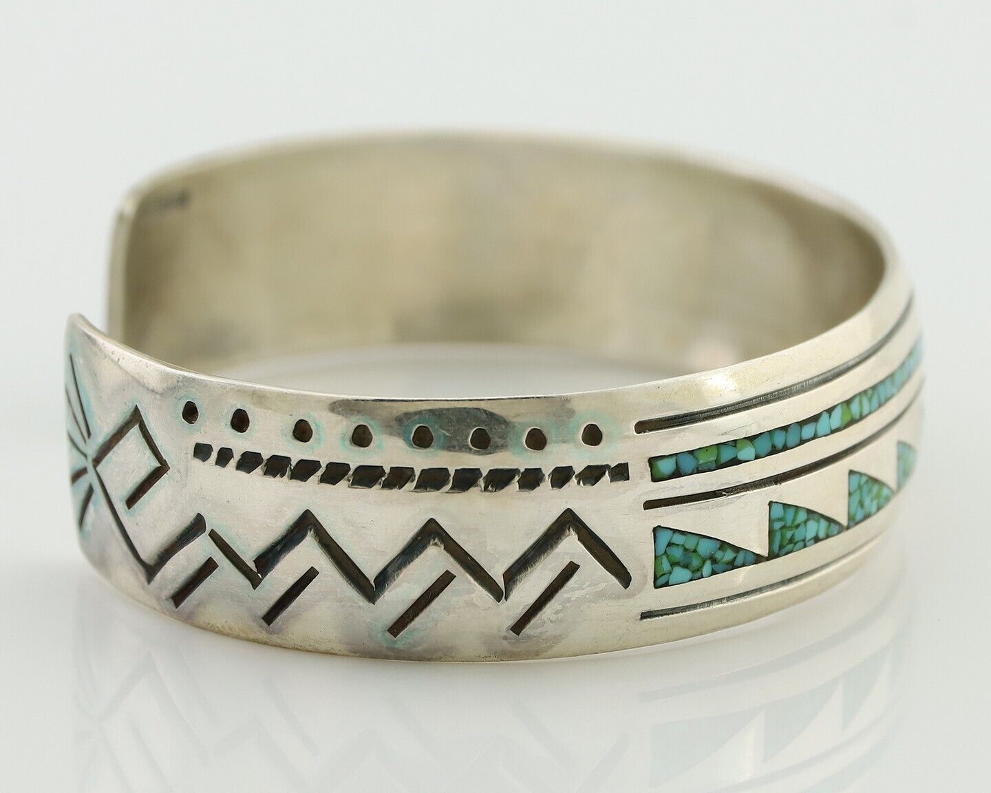 Navajo Inlay Bracelet 925 Silver Kingman Turquoise Signed Stanley Bain C.80's