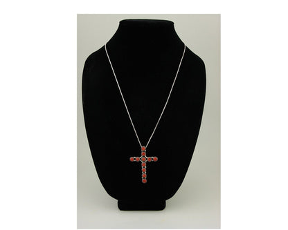 Navajo Cross Necklace 925 Silver Mediterranean Coral Signed Benjamin Piaso C.80s