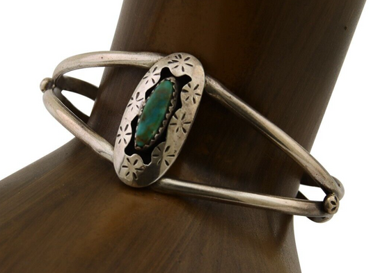 Navajo Hand Stamped Cuff Bracelet Turquoise 925 Silver Artist Signed IJC C.80's