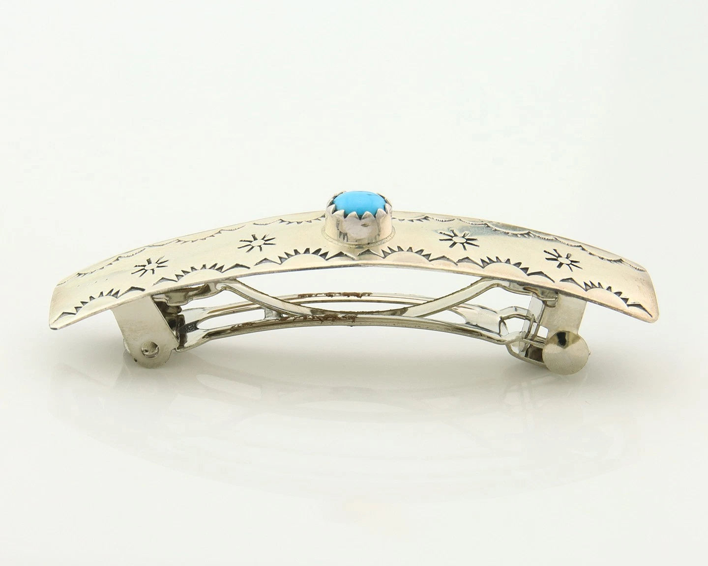 Navajo Barrette Sterling Silver Turquoise Hand Stamped Vintage Native Artist