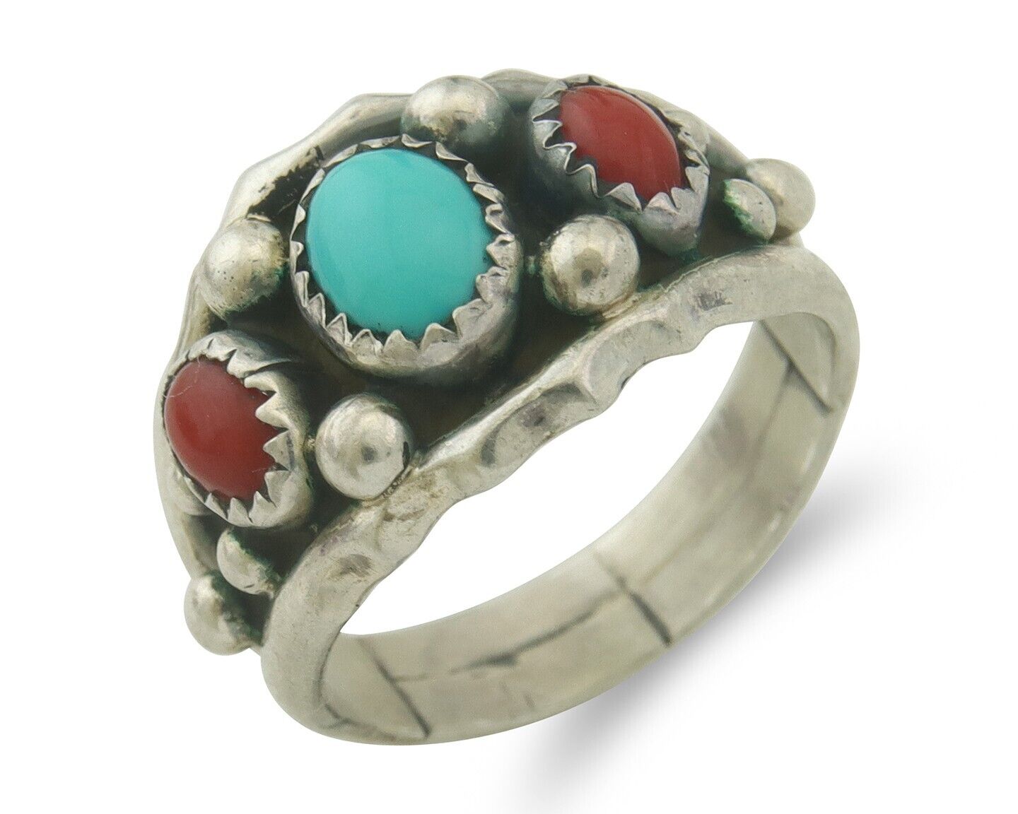 Men Navajo Ring 925 Sterling Natural Coral & Turquoise Signed R C.80's Size 9.0