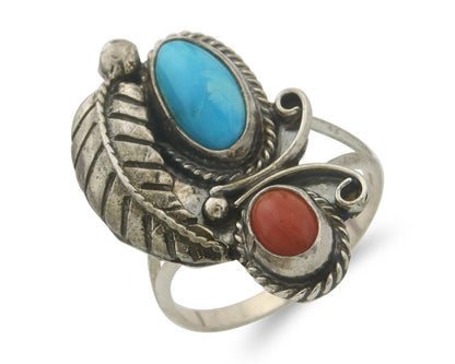 Navajo Ring 925 Sterling Natural Coral & Turquoise Signed EH C.80's Size 7.5