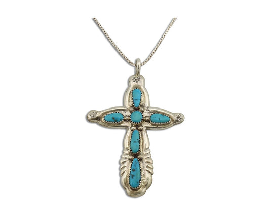 Zuni Cross Pendant 925 Silver SB Turquoise Artist Signed B. IULE C.80's