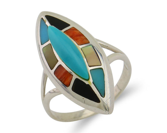Navajo Ring 925 Silver Turquoise Shell Onyx Spiney Oyster Native Artist C80's