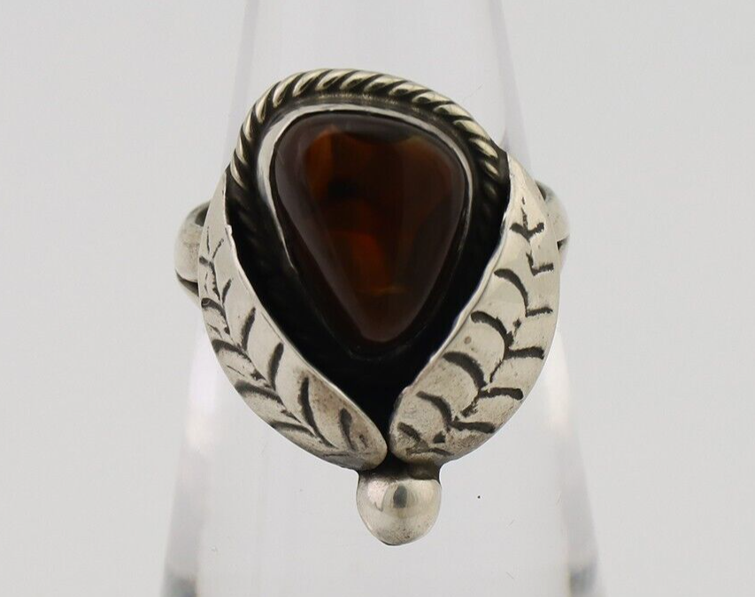 Navajo Handmade Ring 925 Silver Natural Fire Opal Native Artist Size 4.5 C.80's