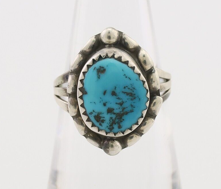 Navajo Ring 925 Silver Sleeping Beauty Turquoise Artist Signed SC C.80's
