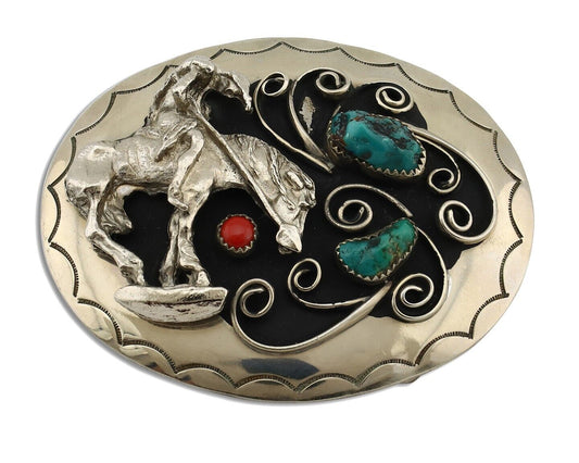 Navajo Cowboy Belt Buckle Nicle Silver Gemstone Handmade Native American C.80's