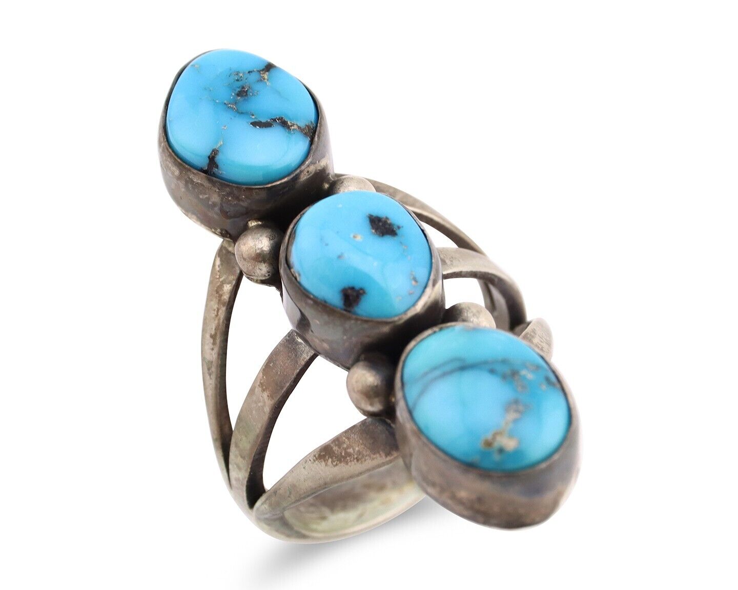 Navajo 3 Stone Ring 925 Silver Blue Turquoise Native American Artist C.80's