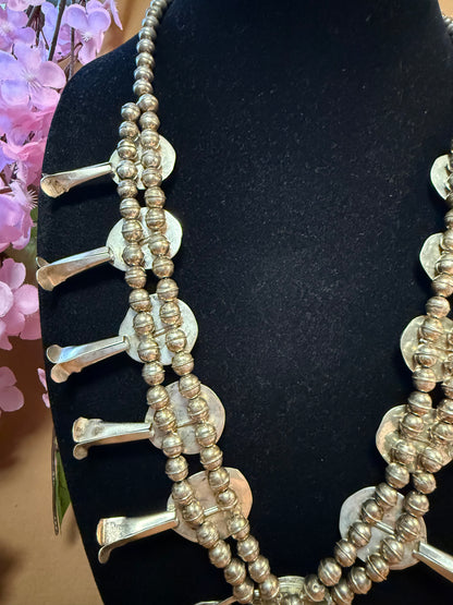 Navajo Sterling Silver Squash Necklace Authentic Nugget Turquoise Vintage Signed