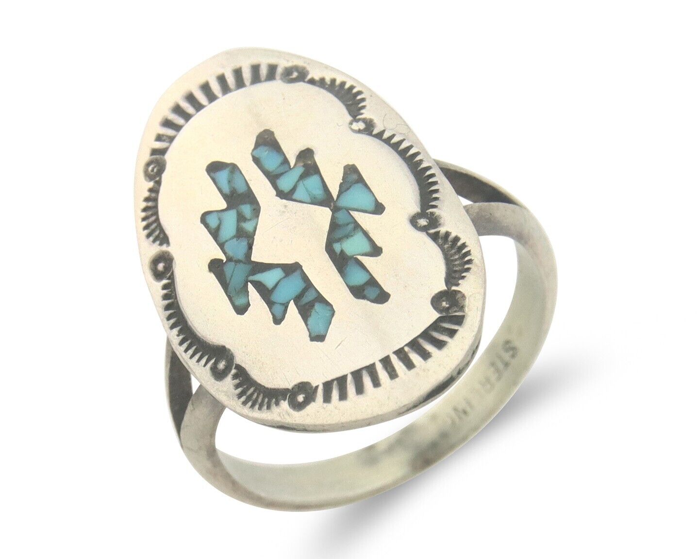 Navajo Ring 925 Sterling Natural Chip Inlay Turquoise C.80's Size 5.75