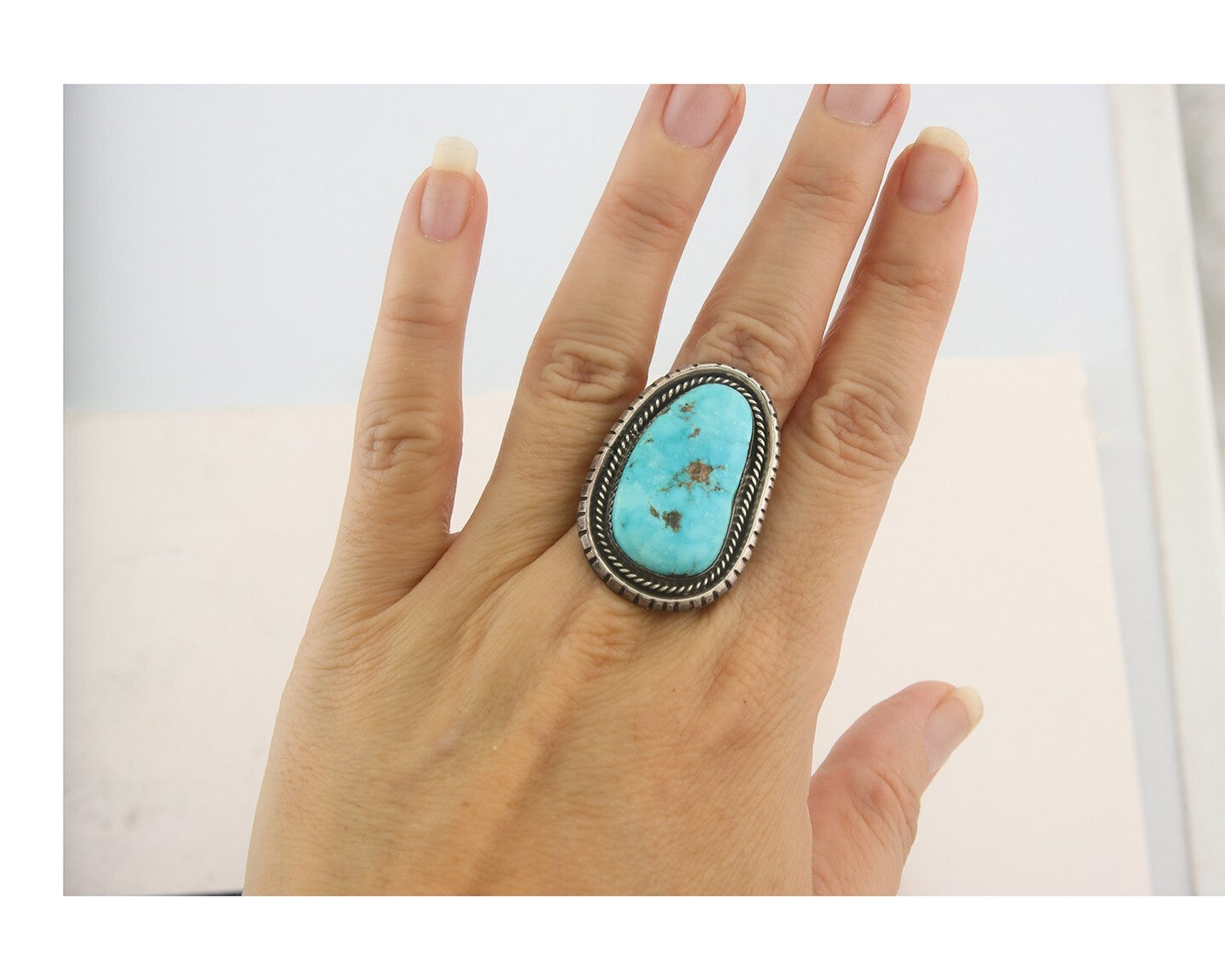 Vintage Navajo Ring 925 Sterling Blue Gem Turquoise Artist Tom Willeto Size 6.75