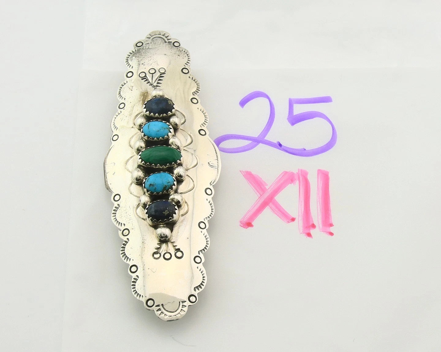 Navajo Barrette Sterling Silver Gemstones Hand Stamped Vintage Native Artist