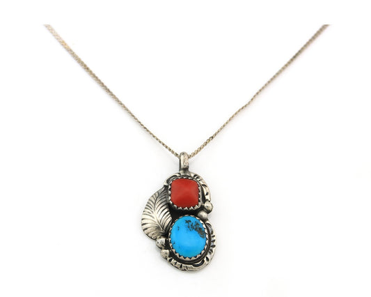 Navajo Necklace Sterling Silver Turquoise Coral Authentic Vintage Native Artist