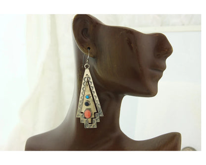 Navajo Dangle Earrings Sterling Silver Natural Gemstones Vintage Signed JWK