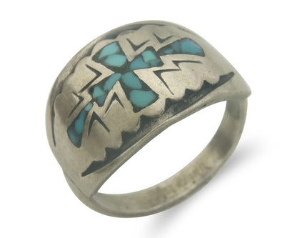 Navajo Ring 925 Silver Inlaid Turquoise Native American Artist C.80's Size 4.25