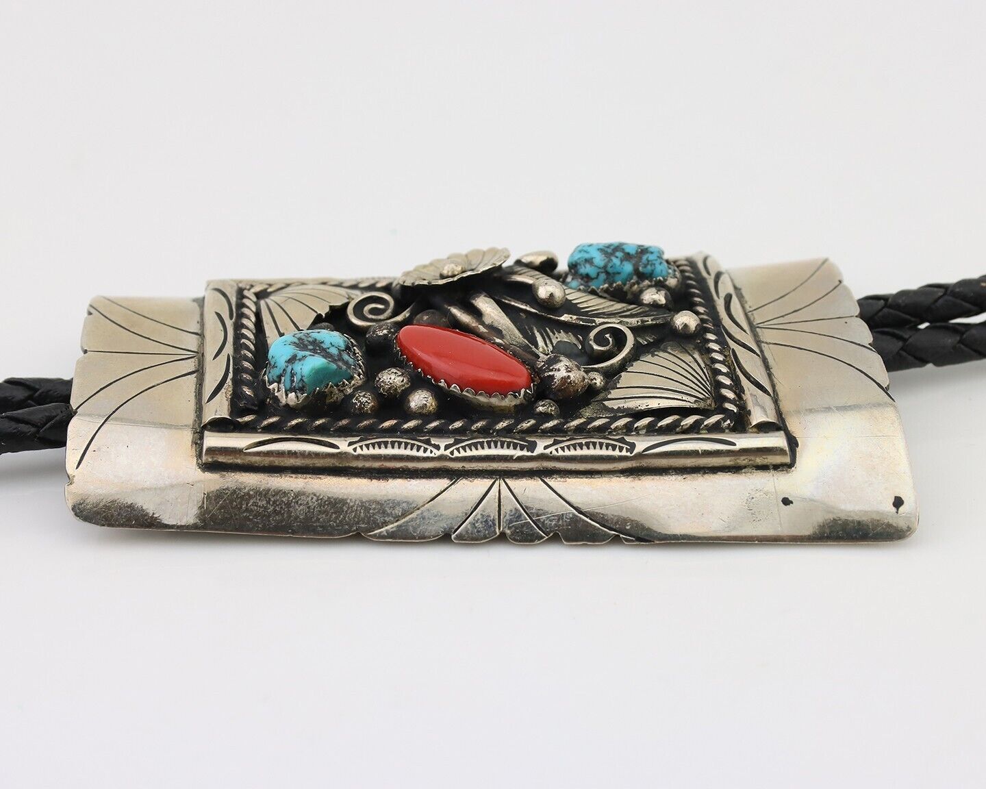 Navajo Bolo Tie .999 Nickel Coral & Turquoise Signed Animal Paw C.80's