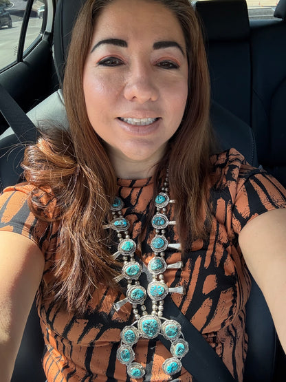 Navajo Sterling Silver Squash Necklace Authentic Nugget Turquoise Vintage Signed