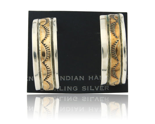 Navajo Hoop Earrings Sterling Silver & Gold Vintage Handmade Signed E