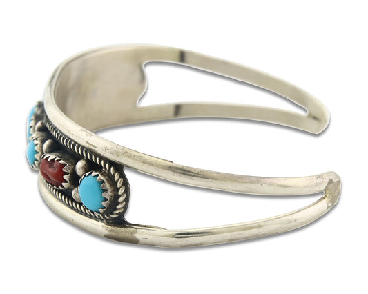 Vintage Navajo Bracelet 925 Silver Red Coral Turquoise Signed Herman Lee