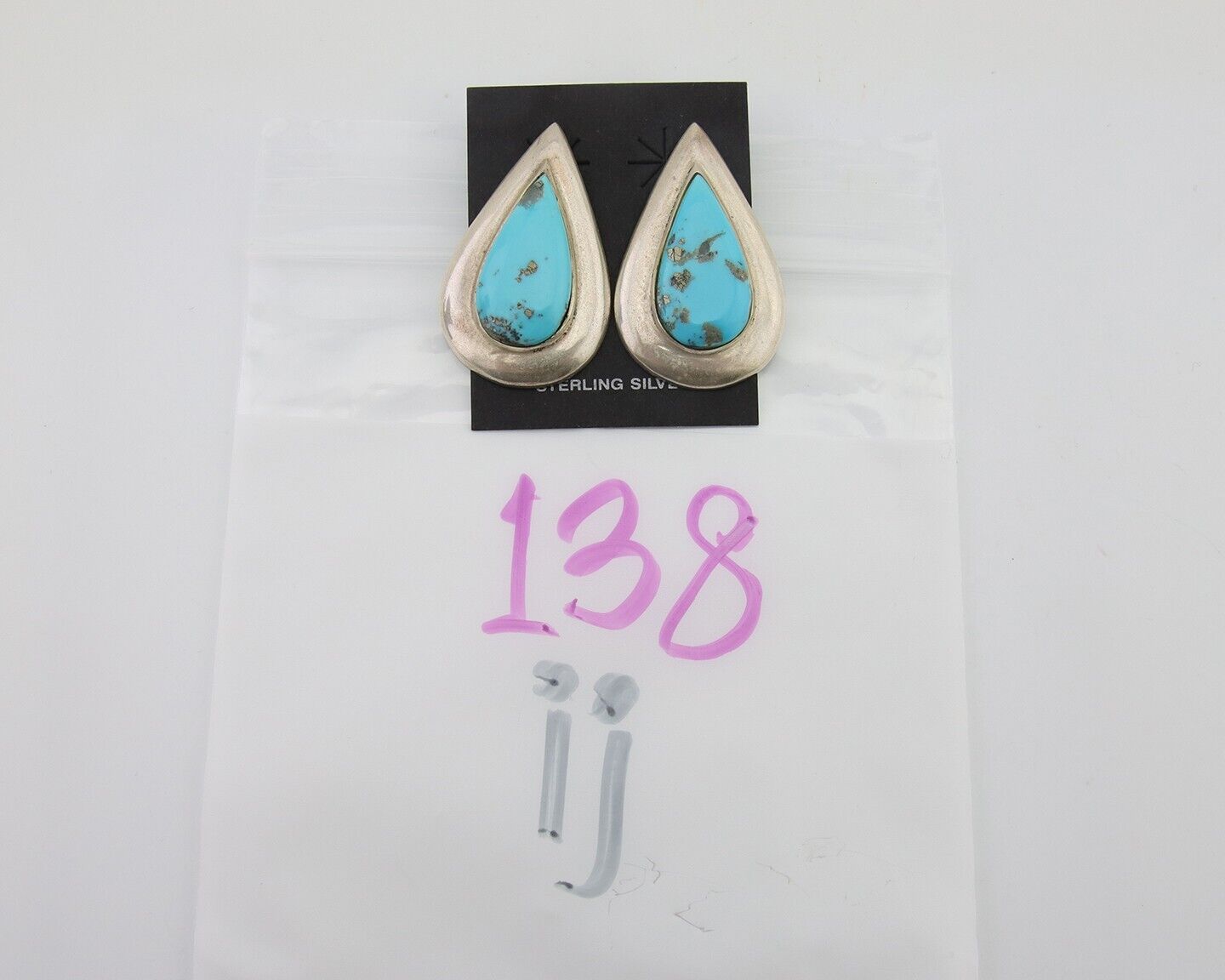 Navajo Dangle Earrings 925 Silver Natural Turquoise Signed Thomas Charay C.1988