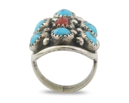 Navajo Ring 925 Sterling Natural Coral & Turquoise Signed EH C.80's Size 6.25