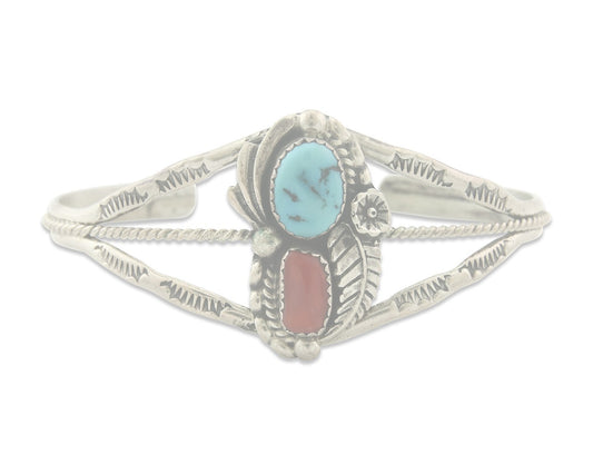 Vintage Navajo Bracelet 925 Silver Red Coral Turquoise Signed C