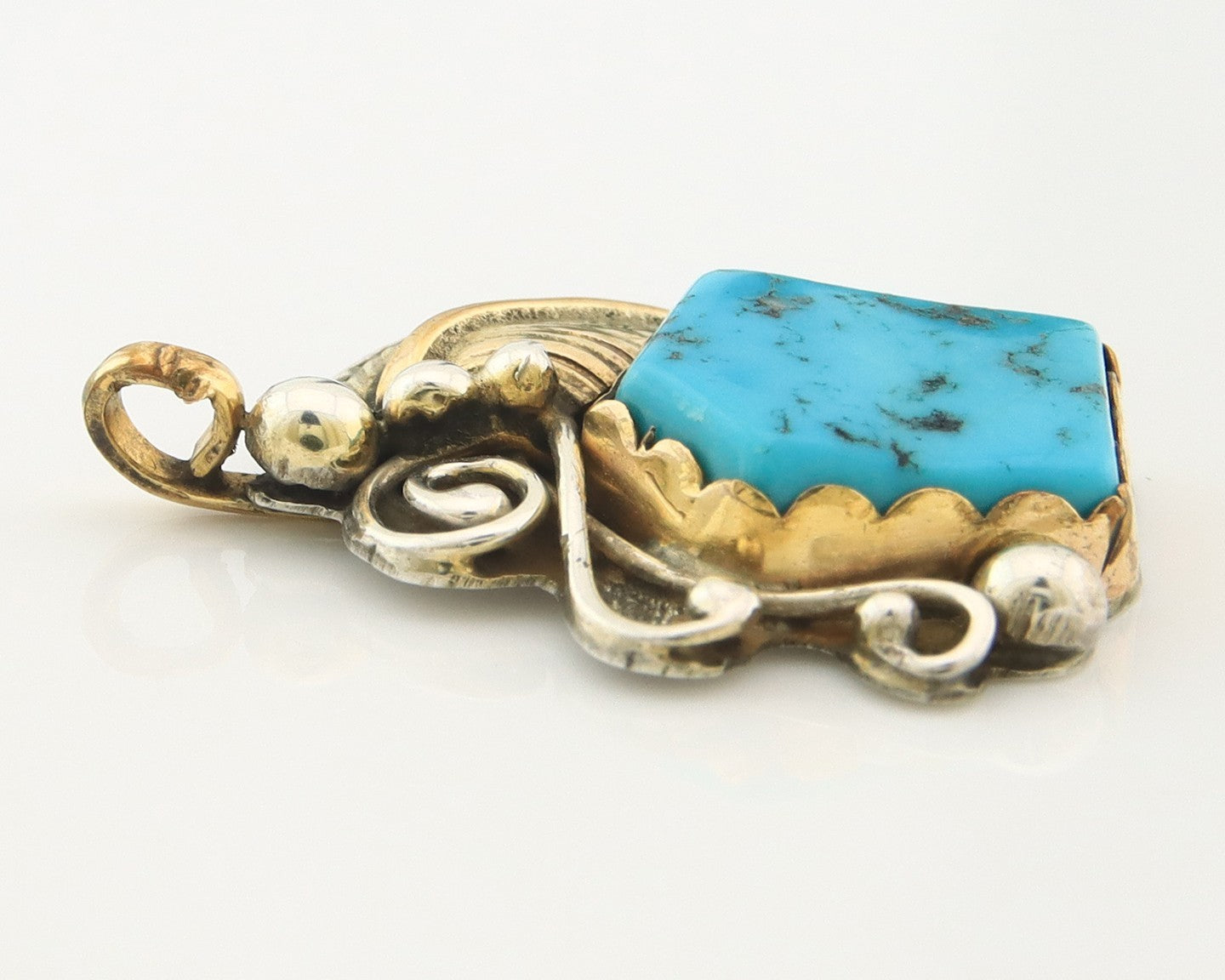 Navajo Pendant Sterling Silver & Gold Natural Blue Turquoise Signed Virgnina C