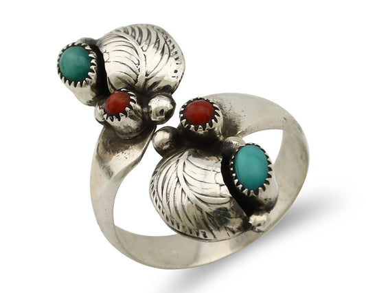 Navajo Adjustable Ring 925 Silver Turquiose & Coral Native Artist C.80's