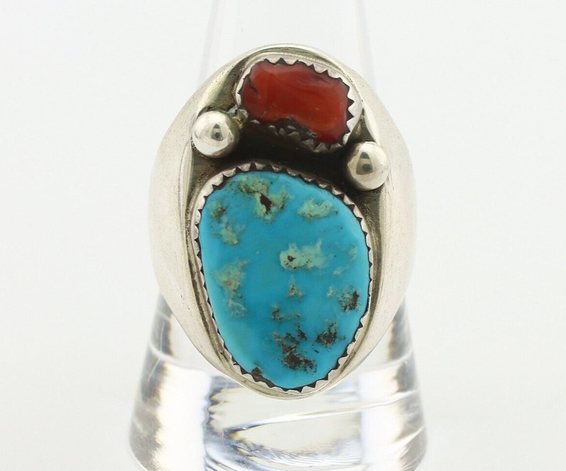 Navajo Ring 925 Silver Sleeping Beauty Turquoise & Coral Native Artist C.80s