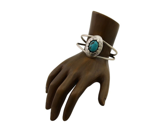 Navajo Hand Stamped Cuff Bracelet Turquoise 925 Silver Native American Artist