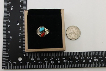 Navajo Handmade Ring 925 Silver Turquoise & Coral Native Artist C.80's