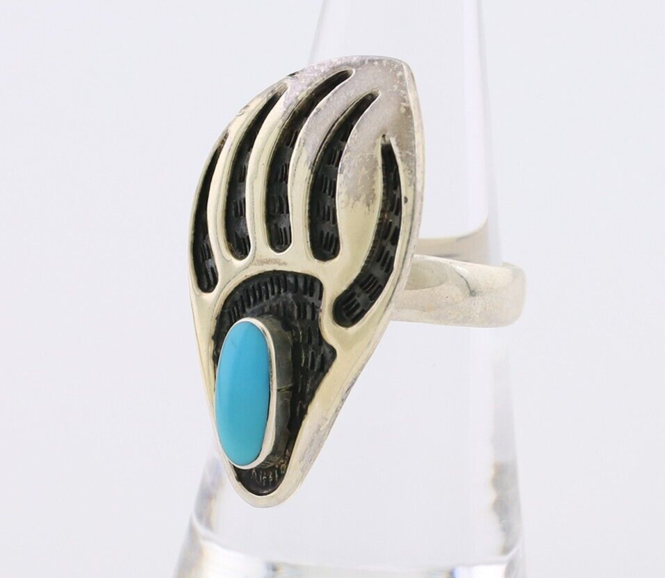 Navajo Badger Paw Ring 925 Silver Turquoise Native American Artist C.80's